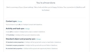 Hubspot ve Salesforce alan eşleme ve senkronizasyon ayarları için onay ekranı