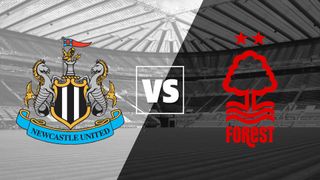 Takım renklerinden oluşan bir arka plan üzerinde Newcastle - Nottingham Forest armaları