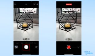 Fotoğraf modunda deklanşör düğmesini basılı tutarak video kaydetmeye nasıl başlayacağınızı gösteren bir iPhone'dan iki ekran görüntüsü